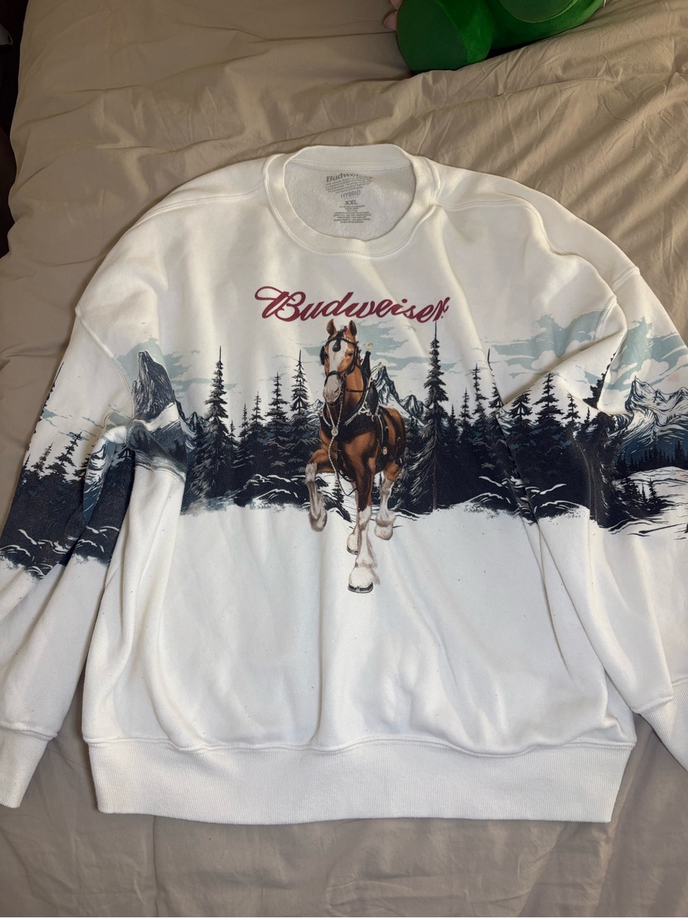 Budweiser White Crewneck Sweater with Brown Clydesdale Graphic